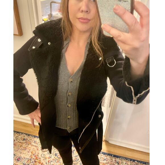 IRO Notting Sherpa Fur Shearling Cotton Jacket Coat Biker Moto Motorcycle sz 34 - Picture 9 of 14